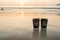 Two cups of disposable black paper stand on the sand by the sea during sunset.