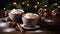 Two cups of hot chocolate surrounded by christmas decor