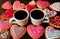 Two cups of hot coffee among heap of heart shaped royal icing patterned cookies