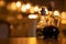 Two curly glass bottles with wooden corks with balsamic vinegar, oil, dark brown, black sauce on the table in a italian restauran