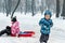 Two cute adorable funny sibling kid friend wear warm jacket enjoy have fun sledging at city park area or forest against