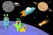 Two cute aliens and alien dog in an outer space landscape with UFOâ€™s and planets cartoon design