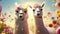 Two cute alpacas in a colorful meadow surrounded by flowers