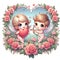 Two cute anime love cupids, holds a heart and arrow, in a big heart-shaped of rose flowers, cartoon, anime art, love scenery