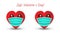 Two cute anthropomorphic hearts in medical face masks look at each other. inscription - Safe Valentine`s Day
