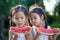 Two cute asian little child girls eating watermelon fresh fruit