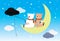 Two Cute Bears is sitting on the moon. Cute bear on the moon fishing a fish. white bear holding fishing rod on the moon