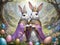 Two cute beautiful costumed bunnies with Easter eggs in the forest