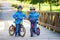 Two cute boys, siblings children, having fun on bikes in the par