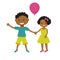Two cute cartoon african american children with pink balloon holding hands. Older boy and smaller girl, brother sister, or friend