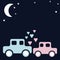 Two cute cartoon cars, hearts, moon and stars in the night sky. Valentine`s day card, place for text