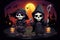 Two cute cartoon grim reapers at Happy Halloween background.