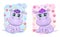 Two Cute cartoon hippo with beautiful eyes among flowers, hearts, a boy and a girl. baby shower invitation card
