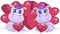 Two Cute cartoon hippo with beautiful eyes among the hearts of a boy and a girl. greeting card, valentines day design