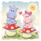 Two Cute Cartoon Hippos