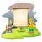 two cute children with the ramadan lantern is standing near the blank banner in the garden