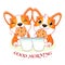 Two cute corgi puppies with cookies and milk. Kawaii little dogs are happy to eat cookies