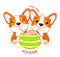 Two cute corgi puppies eat ramen noodles. Kawaii little dogs are happy to eat noodles