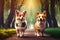 two cute dogs, side by side, walking in park