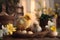 two cute fluffy chicks in a birds nest with easter eggs and daffodils, in homely setting - generative AI