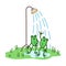 Two cute frogs under summer shower. Kawaii illustration in cartoon style. Vector art hand drawn on white background