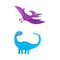 Two cute and funny baby dinosaur characters - brontosaurus and pterodactyloidea