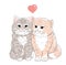 Two cute and furry kitten pink heart and the text I love you. Hand drawn doodles