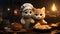 Two cute ginger kittens in chef\\\'s hat and apron are sitting next to a plate with bread Ai generated