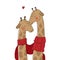 Two cute giraffes in love in one scarf. Giraffes in hand drawn style isolated on a white background. Valentines Day