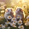 Two cute hamsters on the daisy meadow in the forest at sunset