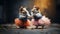 two cute hamsters dance together, wearing dresses and headdresses