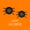 Two cute hanging button spiders on web. Happy Halloween card. Flat design