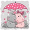 Two Cute Hippos with umbrella under the rain