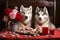 Two cute huskies lie together with a red heart. Valentines day concept. Generative AI