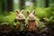 two cute knitted toy bunnies on a forest background