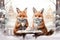 Two cute little foxes in scarves drink tea on the winter snowy terrace