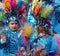 Two cute little girls, carnival queens with colorful confetti in hands