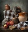 Two cute little gray rats plays into Still life composition in vintage style with apples and ceramic mugs. Chinese New Year symbol