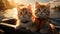 Two cute little kittens in life jacket on boat on lake at sunset AI generated