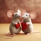 Two cute little mice in love, close-up, cartoon style, good background for a postcard,