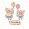 Two cute little pigs standing with balloons