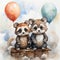 Two cute little raccoons with expressive eyes in sky with balloons,watercolor pencil drawing style