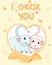 two cute lovely rats with cheese in heart frame valentines greeting card, i choose you slogan, editable vector