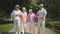 Two cute mature couples walking in the summer park talking and smiling. Double date of senior couples. Friendly company