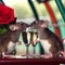 two cute mice , a couple with champagne in a restaurant on valentines day