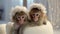Two cute monkeys sitting on a sofa in a fur cap. Toned. Generative AI