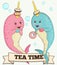 Two cute narwhal animals drinking tea with doughnuts