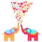 Two cute orange and red elephants with pink lilac blue orange heart on white background. Original invitation, greeting