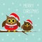 Two cute owls. Santa Claus costume, hat. Snowflakes.