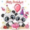 Two Cute Pandas and ladybug with balloon and bonnets